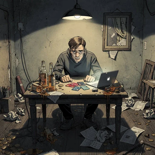 Игрок за столом с алкоголем и кредитными картами, символизируя опасности безответственной игры в казино